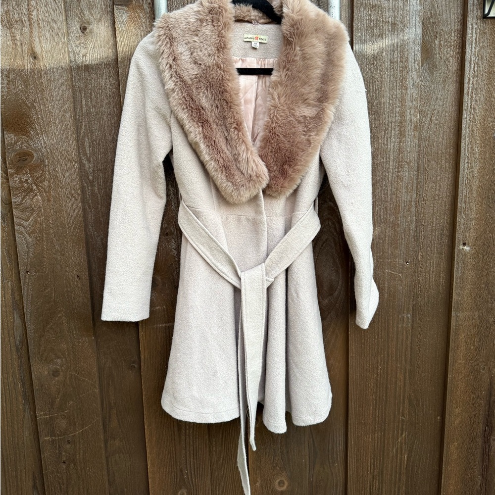 Altar'd State Beige Coat with Brown Faux Fur Collar - S/M